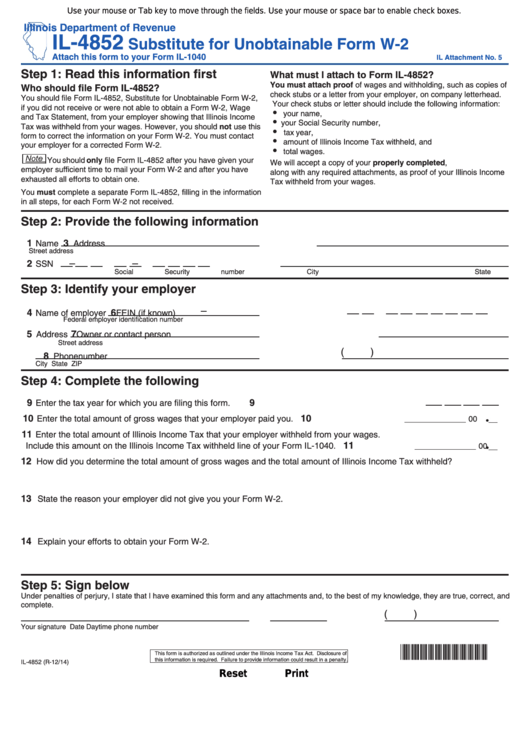 Fillable Form Il-4852 - Substitute For Unobtainable Form W-2 Printable pdf