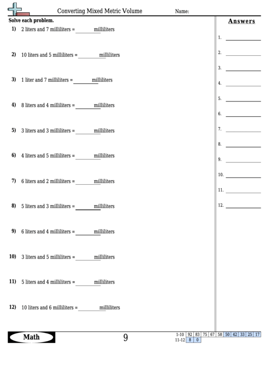 Converting Mixed Metric Volume - Measurement Worksheet With Answers