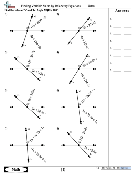 Finding Variable Value By Balancing Equations - Equation Worksheet With Answers Printable pdf