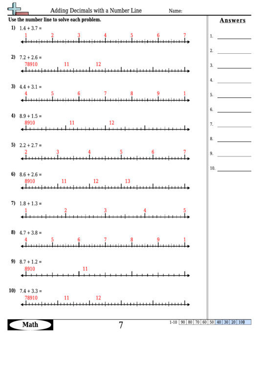 Adding Decimals With A Number Line - Addition Worksheet With Answers Printable pdf