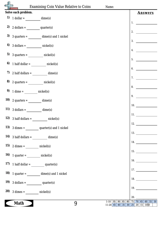 Examining Coin Value Relative To Coins - Measurement Worksheet With Answers Printable pdf