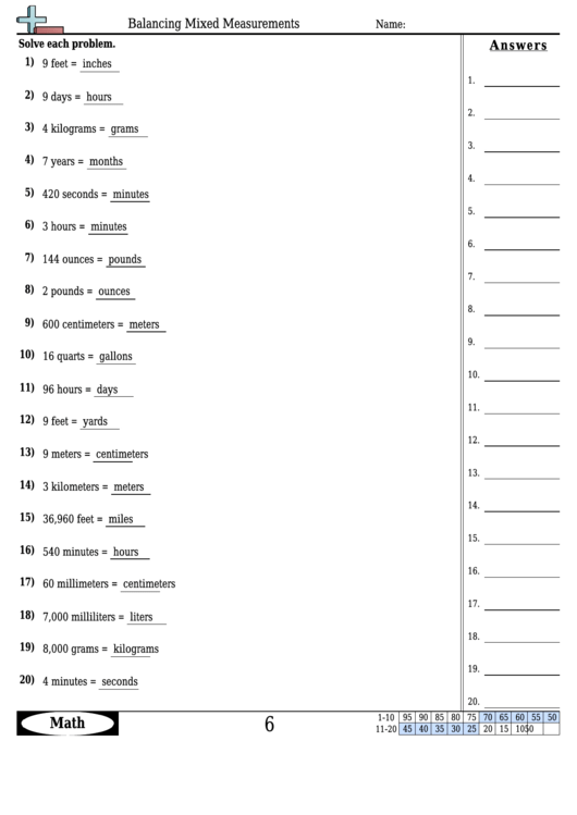 Balancing Mixed Measurement - Measurement Worksheet With Answers