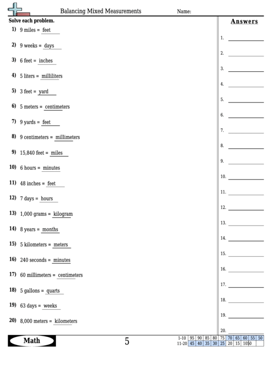 Balancing Mixed Measurements - Measurement Worksheet With Answers Printable pdf