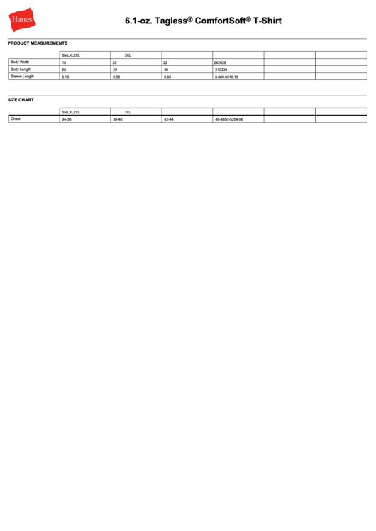Hanes Size Chart Printable pdf