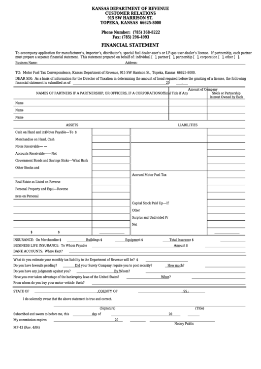 Fillable Form Mf-43 - Financial Statement Printable pdf