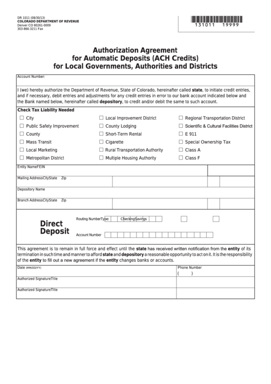 Fillable Form Dr 1011 - Authorization Agreement For Automatic Deposits (Ach Credits) For Local Governments, Authorities And Districts Printable pdf