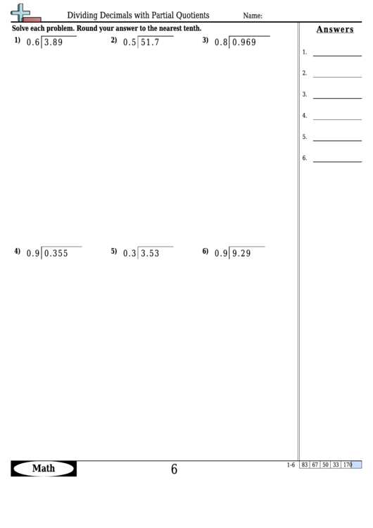 Dividing Decimals With Partial Quotients - Division Worksheet With Answers Printable pdf