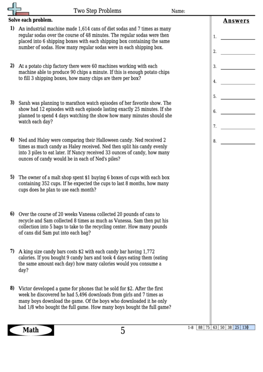 Two Step Problems - Math Worksheet With Answers Printable pdf