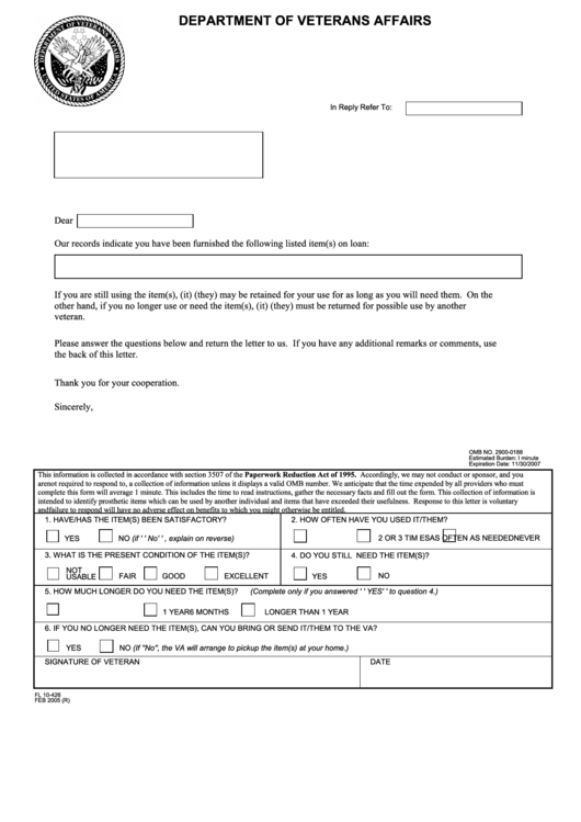 Fillable Va Form Fl 10-426 - Temporary Loan Follow-Up Letter Printable pdf