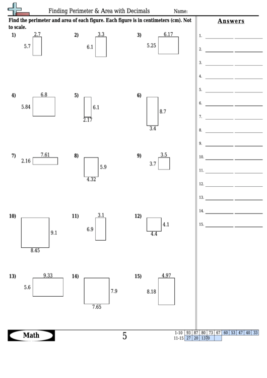 Finding Perimeter And Area With Decimals - Geometry Worksheet With Answers Printable pdf