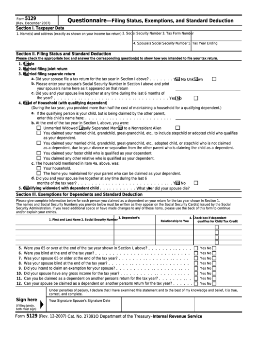 Fillable Form 5129 - Questionnaire - Filing Status, Exemptions, And Standard Deduction Printable pdf