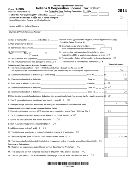 Fillable Form It-20s - Indiana S Corporation Income Tax Return - 2014 Printable pdf