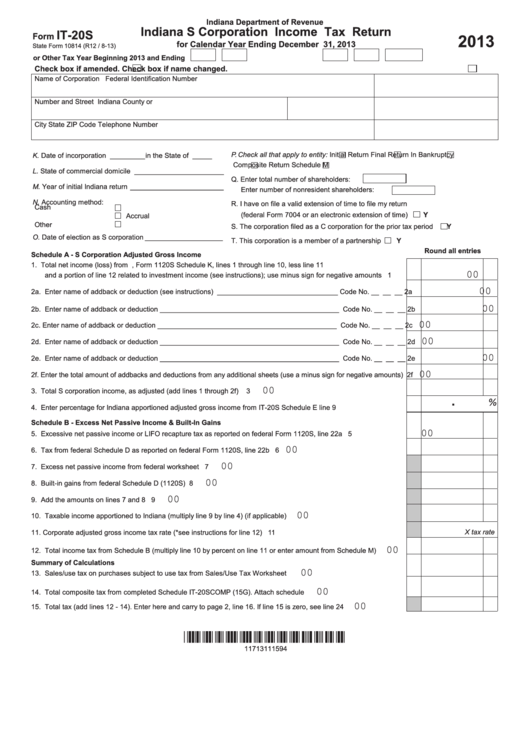 Fillable Form It-20s - Indiana S Corporation Income Tax Return - 2013 Printable pdf