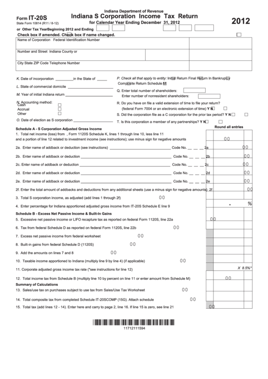 Fillable Form It-20s - Indiana S Corporation Income Tax Return - 2012 Printable pdf