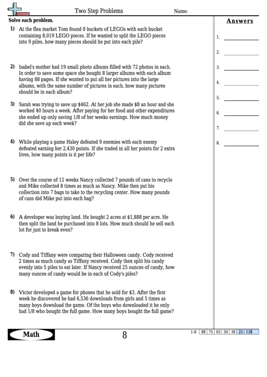 Two Step Problems - Math Worksheet With Answers printable pdf download