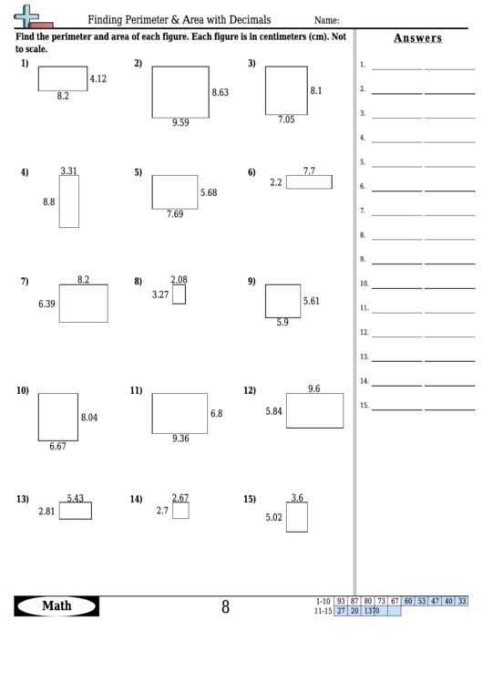 Finding Perimeter And Area With Decimals - Geometry Worksheet With Answers Printable pdf
