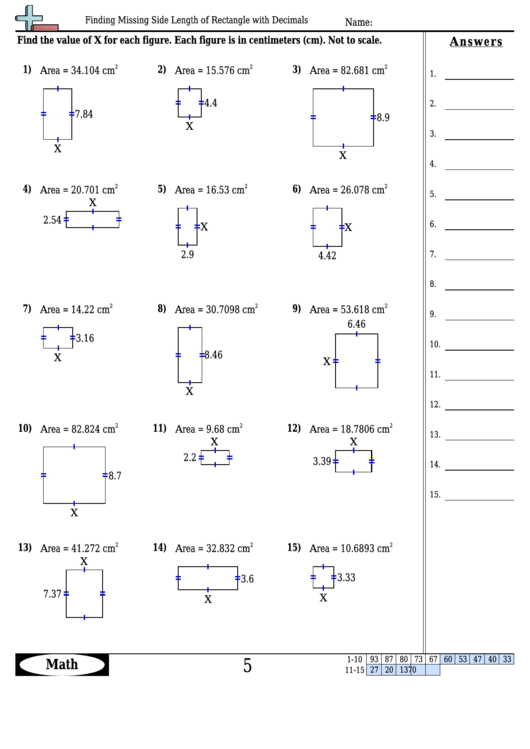 Finding Missing Side Length Of Rectangle With Decimals - Geometry Worksheet With Answers Printable pdf