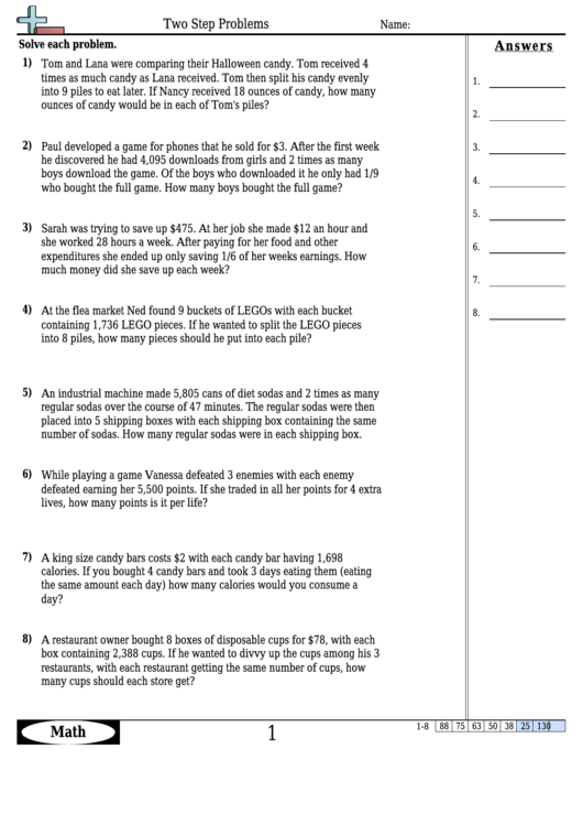 Two Step Problems - Math Worksheet With Answers printable pdf download