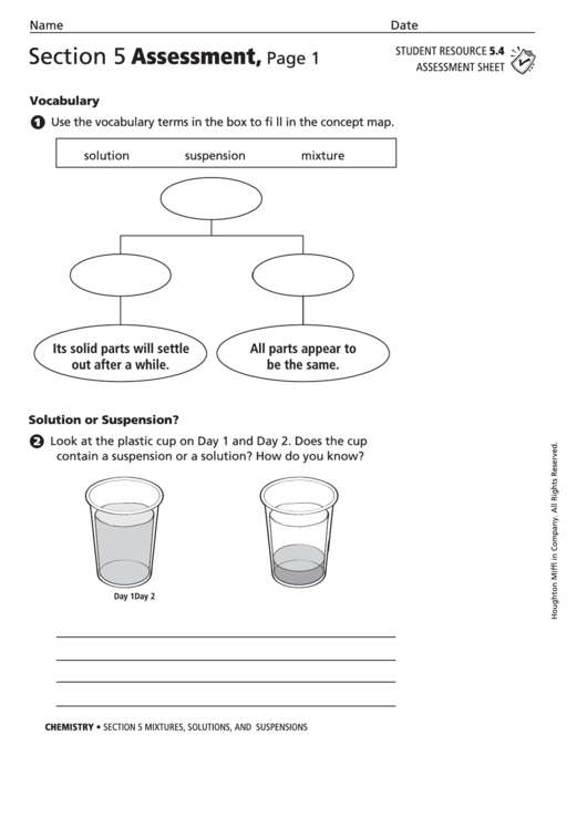 Assessment Sheet - Mixtures, Solutions, And Suspensions Printable pdf