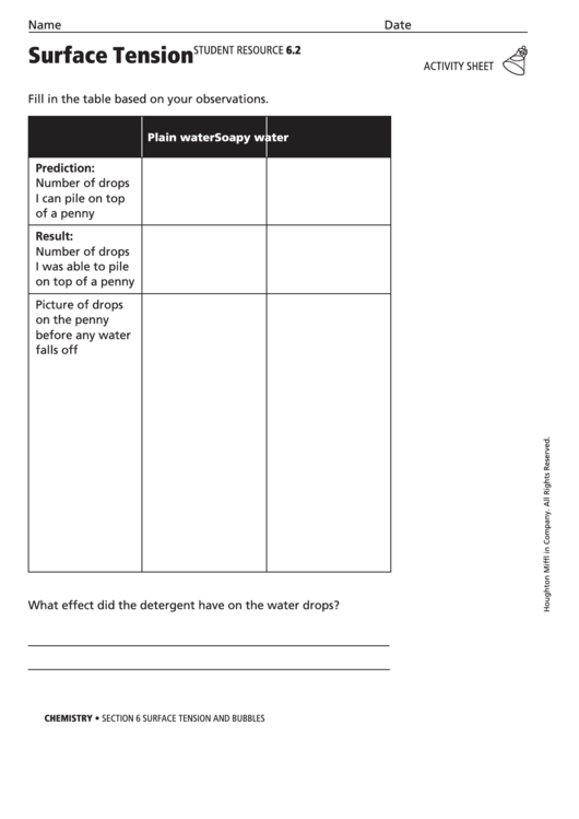 Surface Tension Activity Sheet Printable pdf