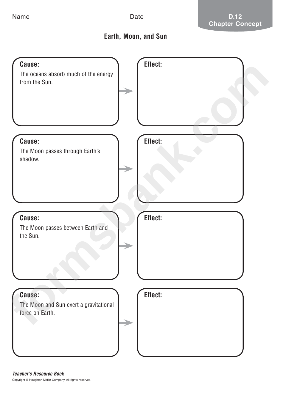 Science Worksheet - Earth, Moon, And Sun