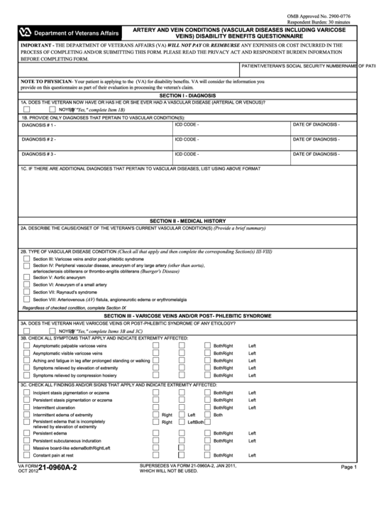 Fillable Va Form 21-0960a-2 - Artery And Vein Conditions (Vascular Diseases Including Varicose Veins) Disability Benefits Questionnaire Printable pdf
