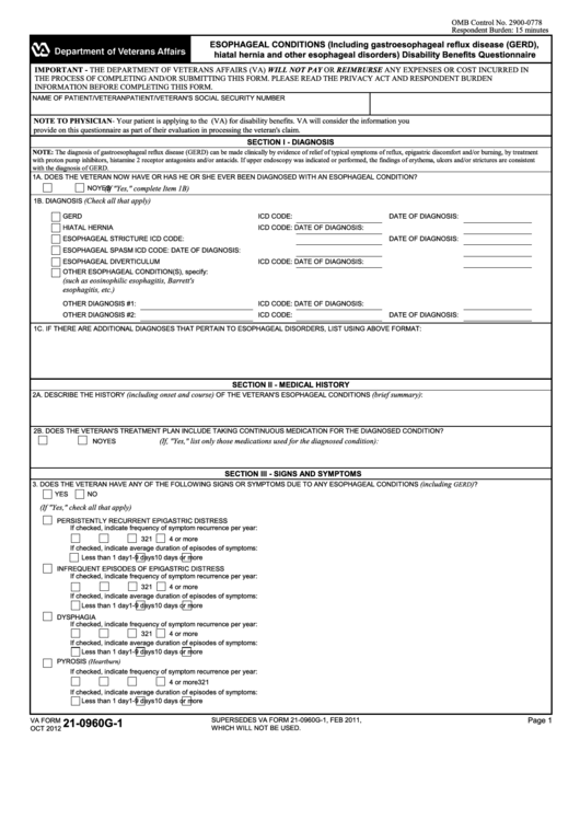 Fillable Va Form 21-0960g-1 - Esophageal Conditions (Including Gastroesophageal Reflux Disease (Gerd), Hiatal Hernia And Other Esophageal Disorders) Disability Benefits Questionnaire Printable pdf