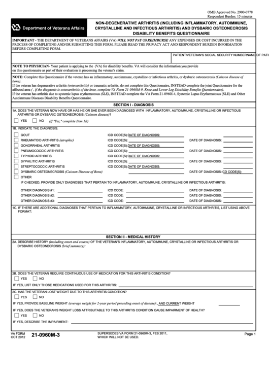 Fillable Va Form 21-0960m-3 - Non-Degenerative Arthritis (Including Inflammatory, Autoimmune, Crystalline And Infectious Arthritis) And Dysbaric Osteonecrosis Disability Benefits Questionnaire Printable pdf