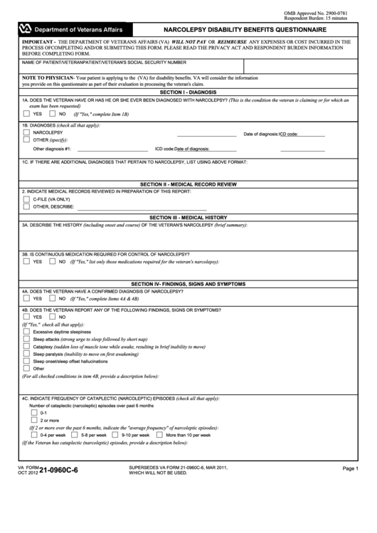 Fillable Va Form 21-0960c-6 - Narcolepsy Disability Benefits Questionnaire Printable pdf