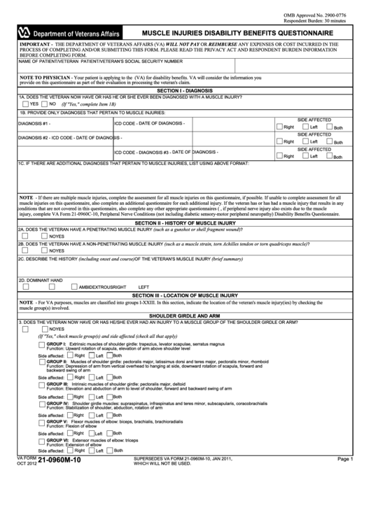 Fillable Va Form 21-0960m-10 - Muscle Injuries Disability Benefits Questionnaire Printable pdf