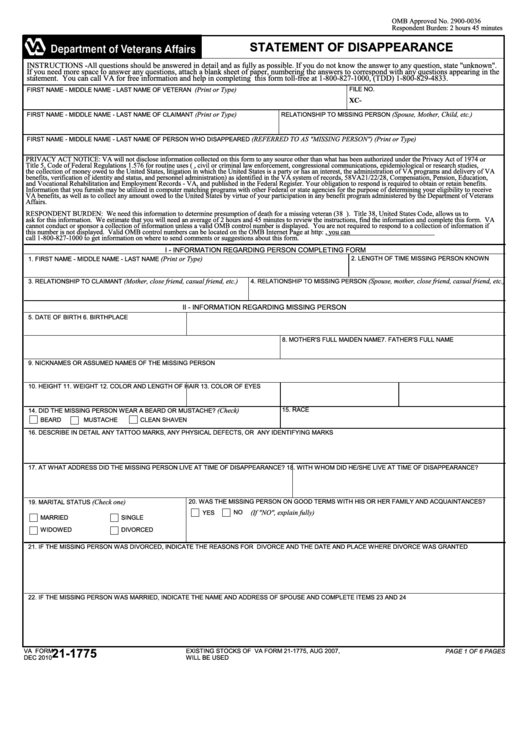 Fillable Va Form 21-1775 - Statement Of Disappearance Printable pdf