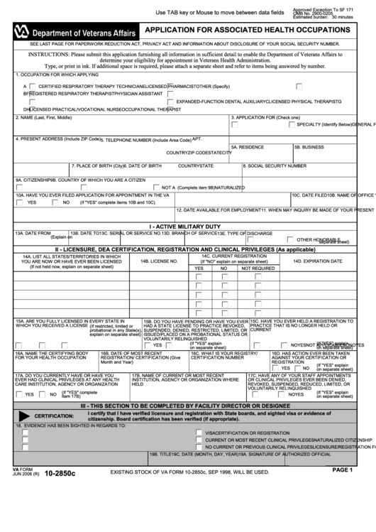 Fillable Va Form 102850c Application For Associated Health