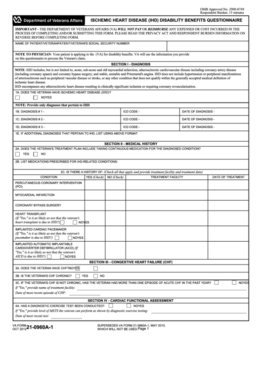 Fillable Va Form 21-0960a-1 - Ischemic Heart Disease (Ihd) Disability Benefits Questionnaire Printable pdf