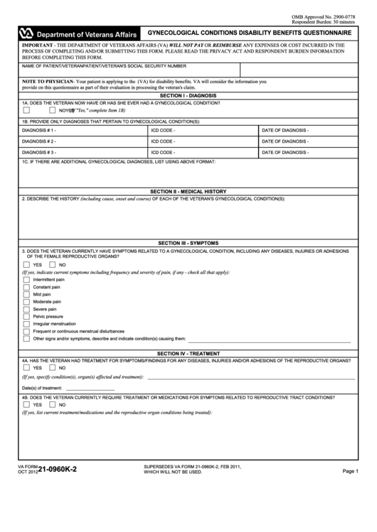 Fillable Va Form 21-0960k-2 - Gynecological Conditions Disability Benefits Questionnaire Printable pdf
