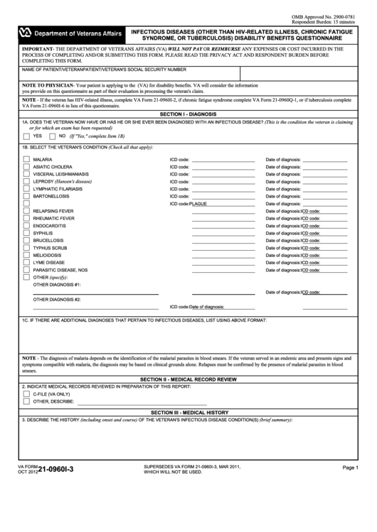 Fillable Va Form 21-0960i-3 - Infectious Diseases (Other Than Hiv-Related Illness, Chronic Fatigue Syndrome, Or Tuberculosis) Disability Benefits Questionnaire Printable pdf