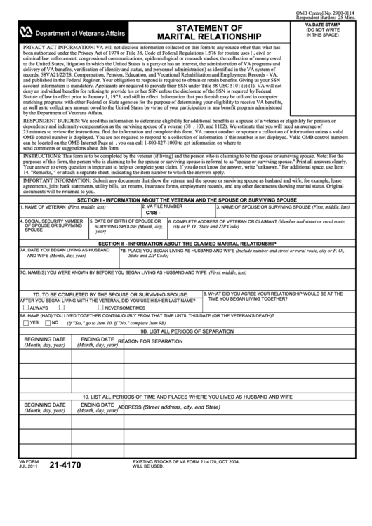Fillable Va Form 21-4170 - Statement Of Marital Relationship Printable pdf