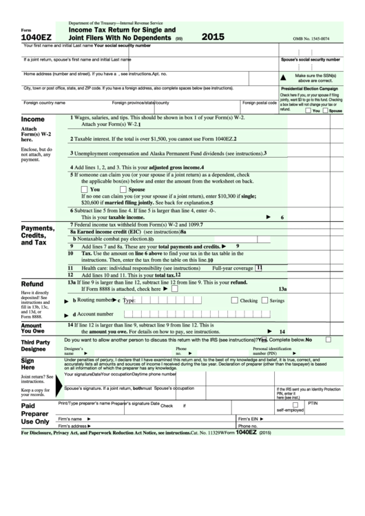 Fillable Form 1040ez - Income Tax Return For Single And Joint Filers With No Dependents - 2015 Printable pdf