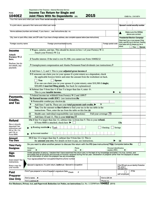 Fillable Form 1040ez Income Tax Return For Single And Joint Filers