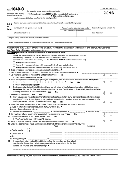 Fillable Form 1040-C - U.s. Departing Alien Income Tax Return - 2016 Printable pdf