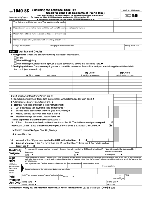 Fillable Form 1040-Ss - U.s. Self-Employment Tax Return (Including The Additional Child Tax Credit For Bona Fide Residents Of Puerto Rico) - 2015 Printable pdf