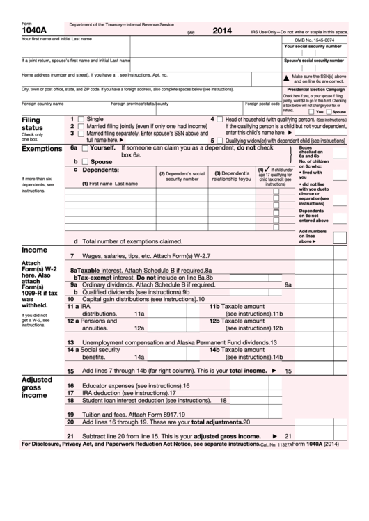 Fillable Form 1040a - U.s. Individual Income Tax Return - 2014 Printable pdf