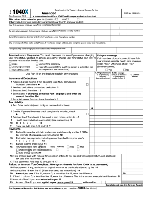 Form 1040x - Amended U.s. Individual Income Tax Return