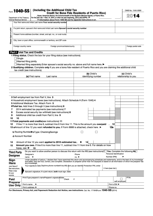 Fillable Form 1040-Ss - U.s. Self-Employment Tax Return (Including The Additional Child Tax Credit For Bona Fide Residents Of Puerto Rico) - 2014 Printable pdf