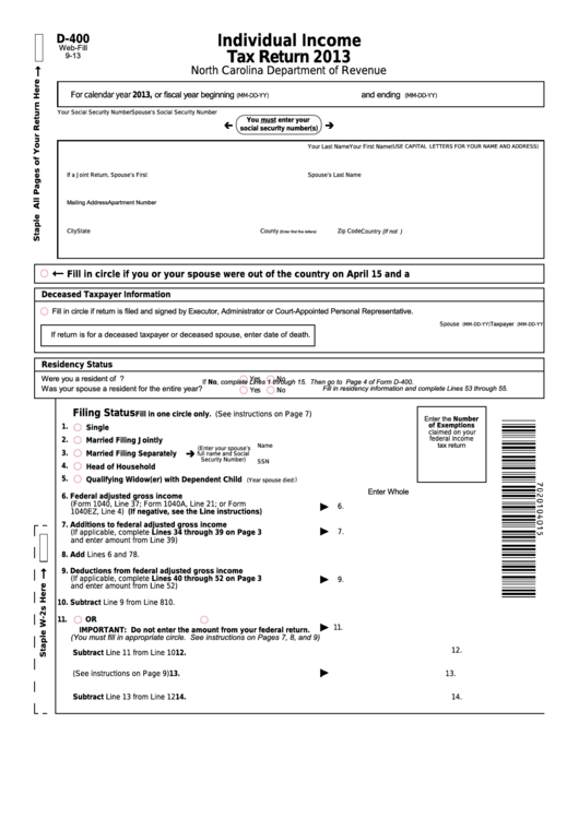 Fillable Form D-400 - Individual Income Tax Return - 2013 Printable pdf