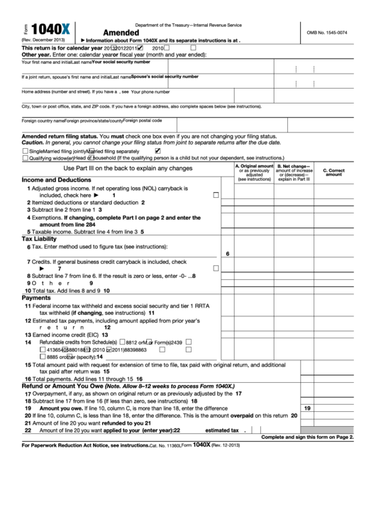 Fillable Form 1040x - Amended U.s. Individual Income Tax Return Printable pdf