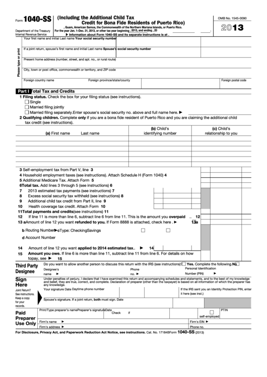 Fillable Form 1040-Ss - U.s. Self-Employment Tax Return (Including The Additional Child Tax Credit For Bona Fide Residents Of Puerto Rico) - 2013 Printable pdf