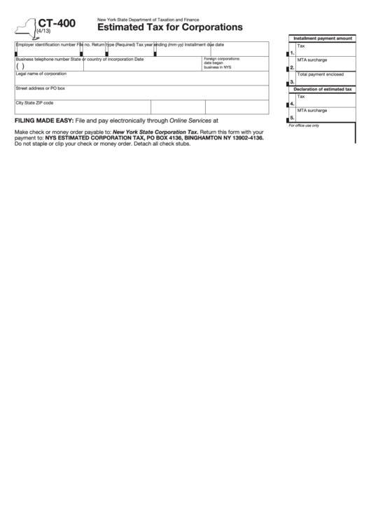 Form Ct-400 - Estimated Tax For Corporations Printable pdf