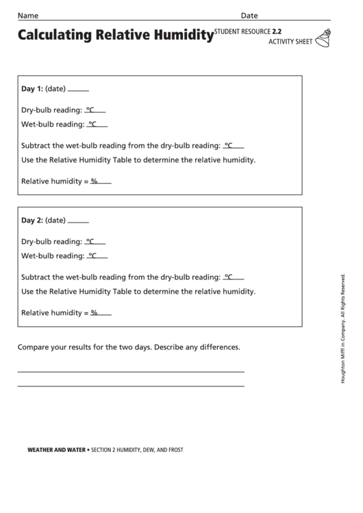 Calculating Relative Humidity Worksheet Template Printable pdf