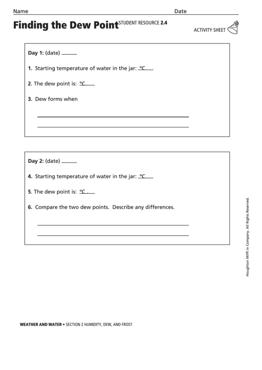 Finding The Dew Point Worksheet Template Printable pdf