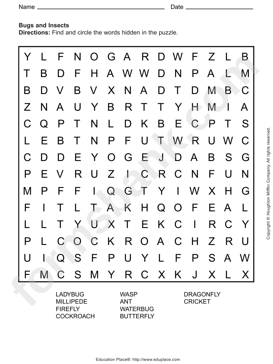bugs and insects word search puzzle template printable pdf download